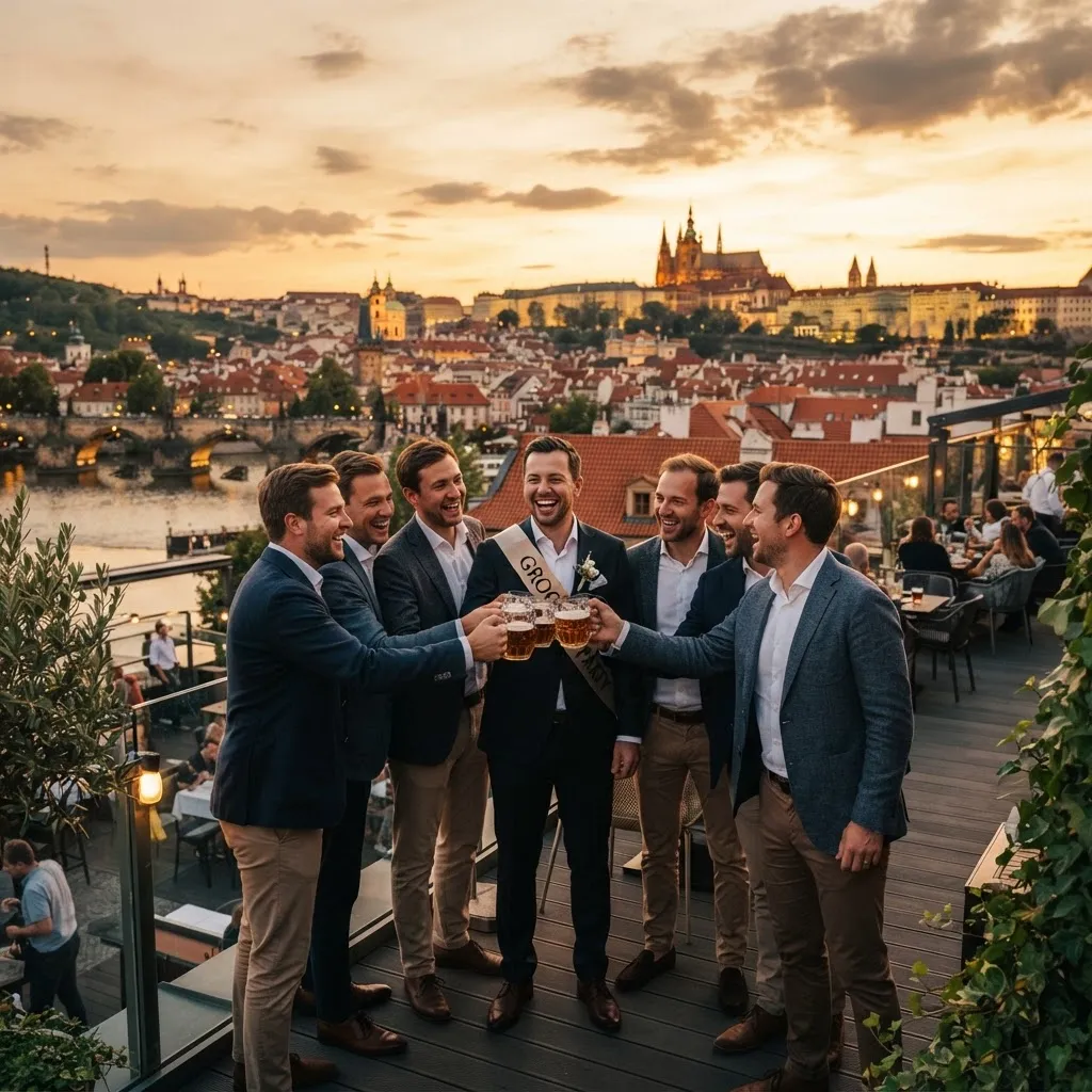 Veselá společnost mužů na rozlučce s výhledem na Prahu